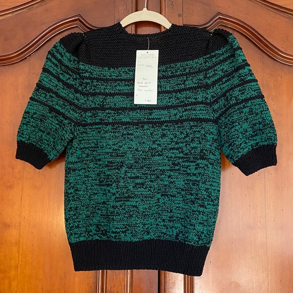 Vintage 70s 80s Hand Knit Space Dye Short Sleeve Sweater | Green Black - Picture 3 of 5